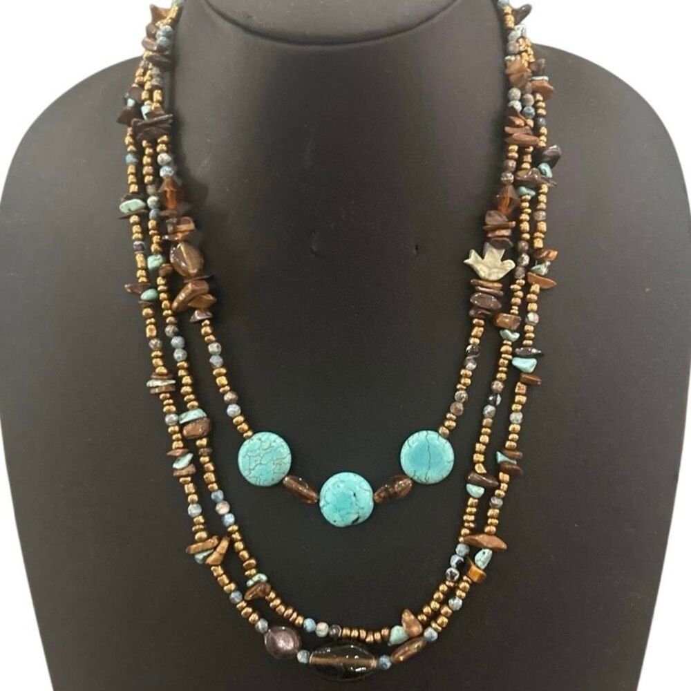Vintage Handmade Layered Beaded Necklace Turquoise and Gold-tone Beads 3-Strand